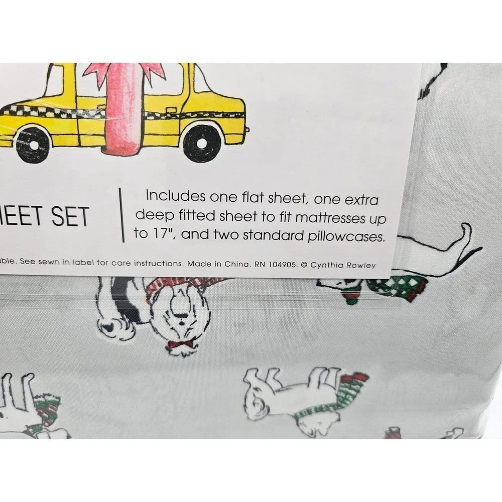 Cynthia Rowley Christmas‎ Dog QUEEN Sheet Set Holiday Winter Sweater Scarf XDeep